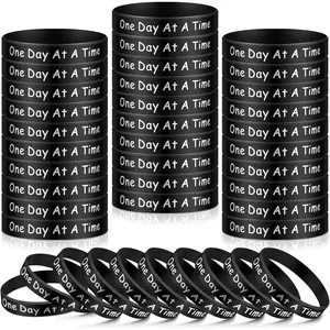 48 count  Day at a Time Motivational Wristbands  Black Inspirational Bracelets Sobriety Gifts for Addiction  Sober Anniversary for Men and Women