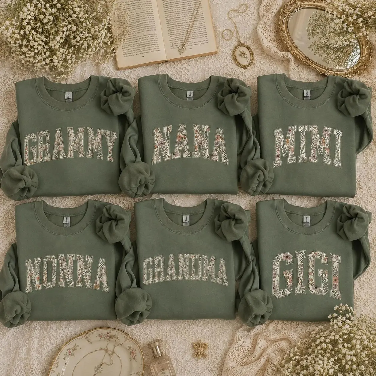 Personalized Grandma Sweatshirt Floral Varsity Grandma Nickname Custom Name Mother's Day Gift Women Cottage Floral Style