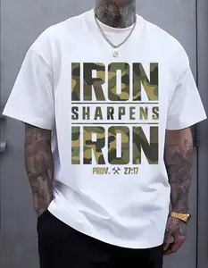 CMBT Men'S Oversized 100% Cotton Graphic T-Shirt - "IRON SHARPENS IRON" & Proverbs 27:17 Bible Verse Design, Geometric Print Casual Streetwear Tee, Breathable Summer Top, Machine Washable, Summer Fashion |       Camouflage Pattern |       Durable Fabric.