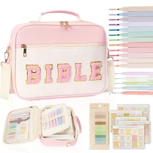 Bible Cover Case for Women Bible Study Supplies Large Preppy Chenille Pink Leather Carrying Tote Bag Letter Case Christmas Christian Gifts for Women Girls
