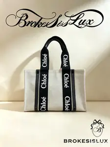 Pre-owned Chloé Woody Beige Canvas Tote Bag Logo Webbing Large Capacity Vacation Travel Shopping Casual Daily Shoulder Handbag