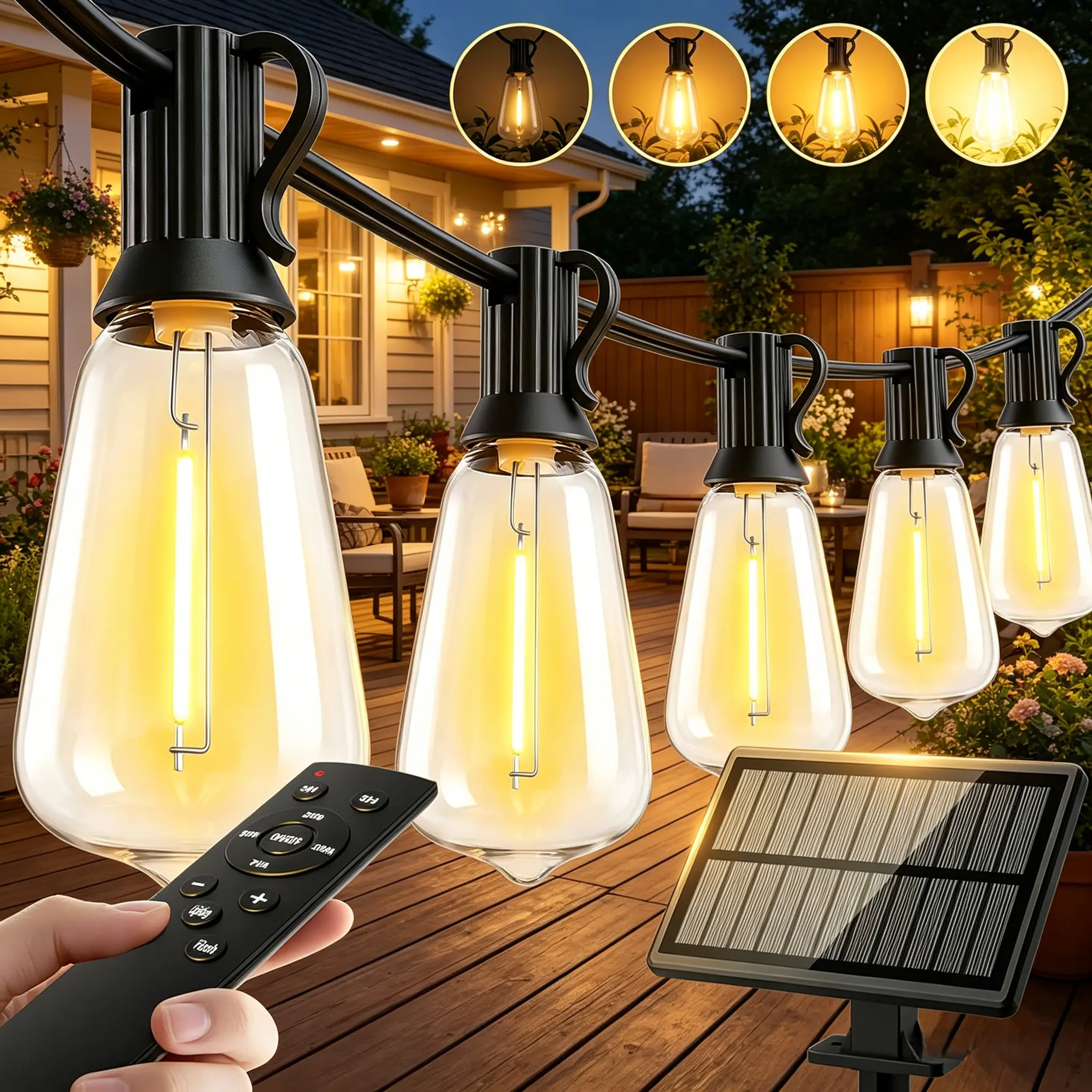 Outdoor waterproof solar string lights, LED Edison bulb solar patio lights with remote control, hanging fairy lights for backyard garden gazebo balcony café party yard decor