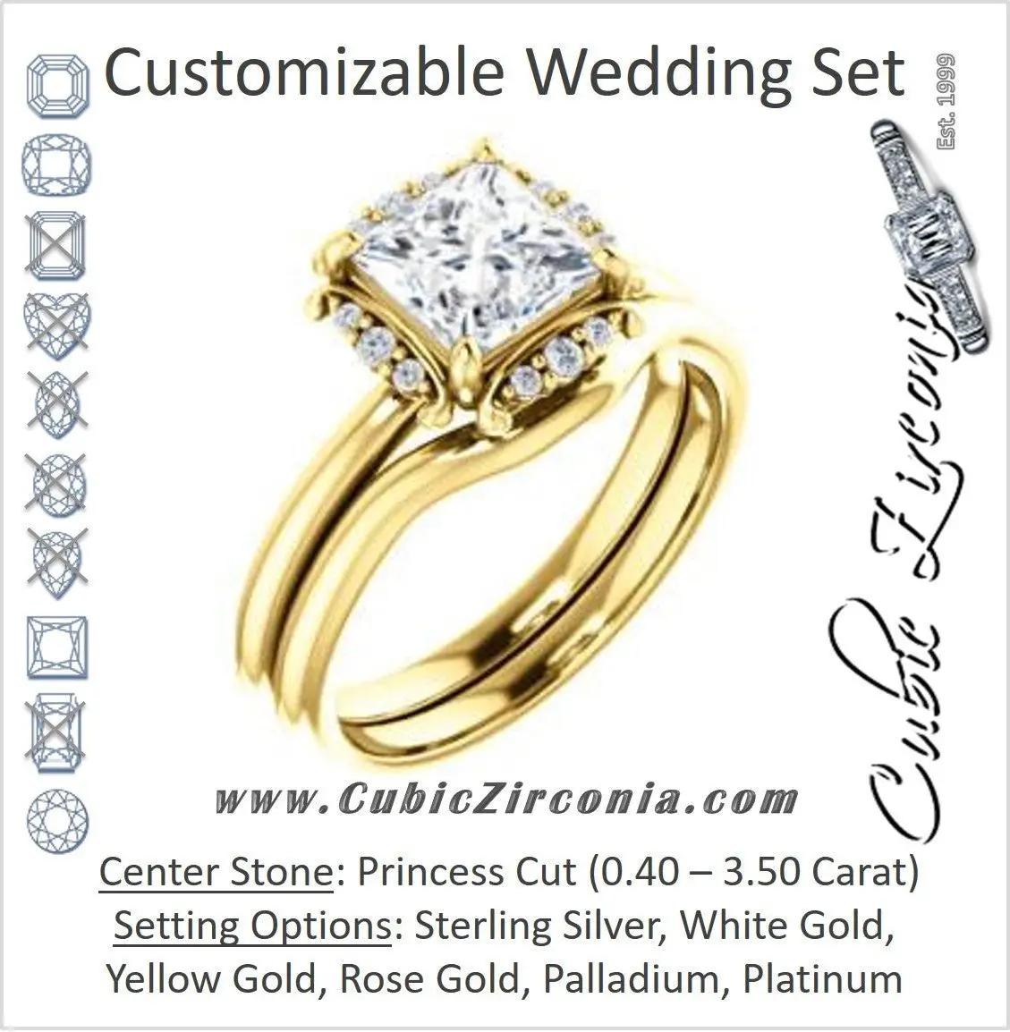 CZ Wedding Set, featuring The Tiara Rose engagement ring (Customizable Princess Cut Design with Thin Band & Semi-Halo)
