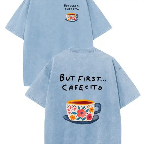 Women's Vintage Acid Washed H-Type Graphic Tee - Casual Coffee Print Short-Sleeve Drop Shoulder Round Neck Fit Top - New Year Everyday Basics, 1-Piece Women's T-Shirt for Thanksgiving, Back to School