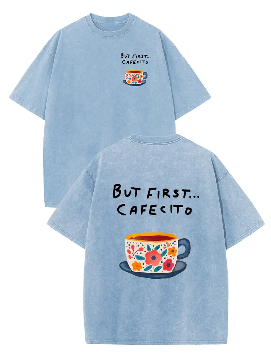 Women's Vintage Acid Washed Graphic T-Shirt, Casual Coffee Print Shortsleeve Top with Drop Shoulder and Round Neck for Thanksgiving, Style