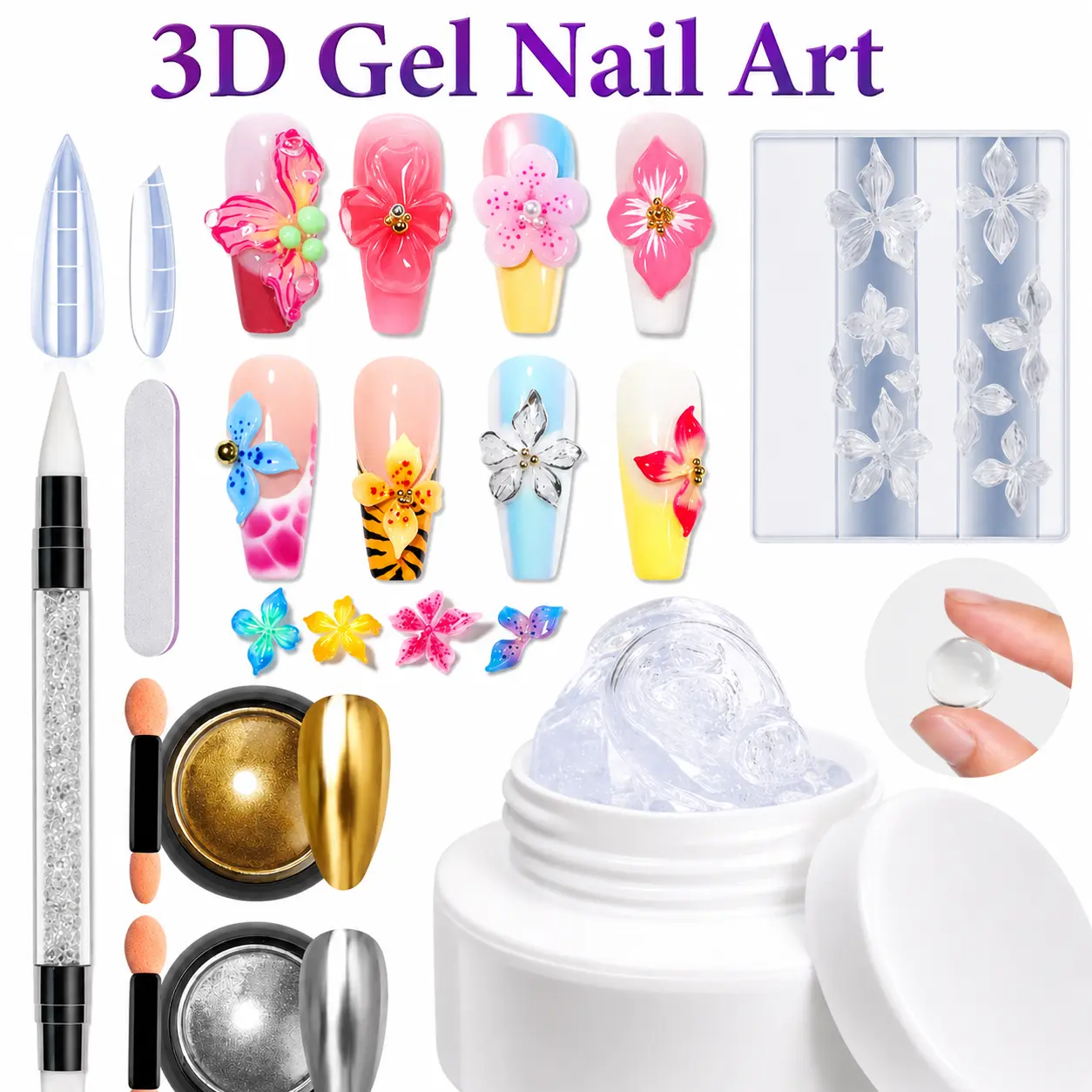 3D Gel Nail Art Sculpting Gel 60g Clear Solid Builder Gel for Nails Non-Sticky Hard Modeling Gel for 3D Nail Art Nail Charm Molding Gel UV LED Cure Includes Gold Chrome Powder & Silicone Flower Mold