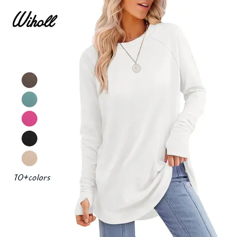 WIHOLL Women's Basic Minimalist Long Sleeve Round Neck Tunic Top - Lady's Spandex Shirt with Thumb Holes, Cuffed Sleeves, Curved Hem, Clothes for Women, Back to School Outfits to Wear with Leggings