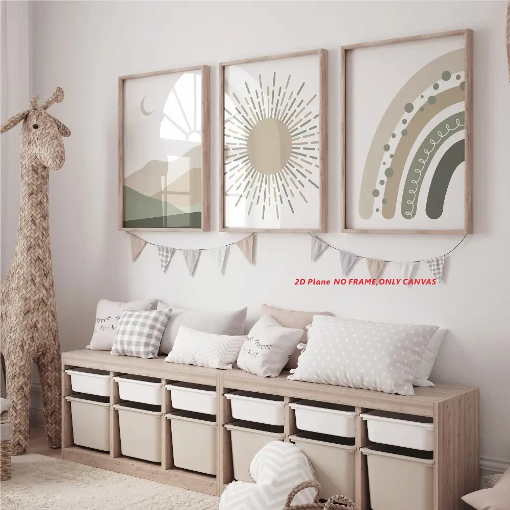 3-Piece Set, Rainbow Heart Pattern Nursery Decor, Moon and Rainbow Theme, Baby Room Decor, Wall Art, Bohemian Style Nursery Decor, Sage Green and Sunlit Earth Tone Poster, 2D Frameless Canvas