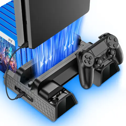 Fasceote Vertical Cooling Stand with Silent Built-In Fan (Cools Bottom Heat), Dual Controller Charger, 12-Slot Game Bay Storage, Gaming Accessories for Slim/Pro Consoles