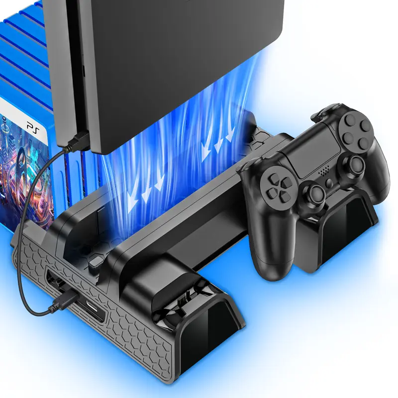 Fasceote Vertical Cooling Stand with Silent Built-In Fan (Cools Bottom Heat), Dual Controller Charger, 12-Slot Game Bay Storage, Gaming Accessories for Slim/Pro Consoles