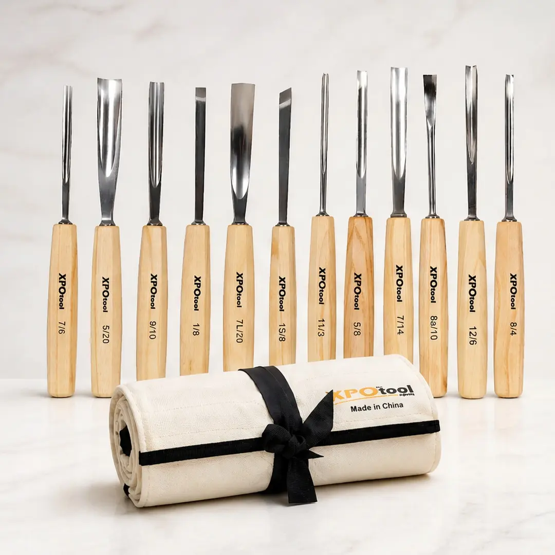 ARCH 12-Piece Professional Wood Carving Chisel Set, Razor Sharp 60CRV Steel Blades, Willow Wood Comfort Grip Handles, Canvas Storage Bag, for Beginners & Woodworking, Carving, Engraving, DIY Crafts, White Color Options, Steel/Wood Material