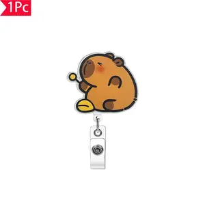 1PC Adorable Cartoon Capybara Keychain with Retractable Lanyard, ID Holder Cute Animal-Style Name Tag, Badge Clip Personalized Pin Holder, Perfect for Gifts
