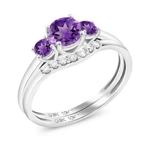 Gem Stone King 10K White Gold Purple Amethyst and White Lab Grown Diamond Engagement Ring | 3-Stone Bridal Wedding Ring Set For Women | 0.72 Cttw | Available In Size 5, 6, 7, 8, 9