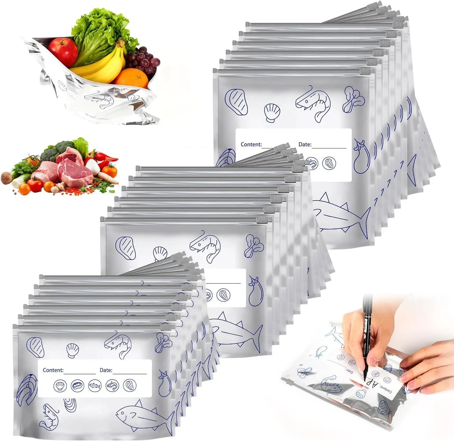 30/60/90 PCS Thickened Reusable Upright Aluminium Sealing Storage Bags with Washable Labels, Zipper Locks - Airtight, Insulated Home Organizer for Kitchen Produce, Ideal Holiday Gift, Thick Foil, Airtight Seal