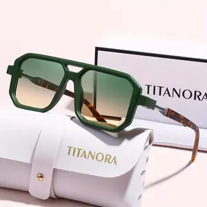 Retro Double-Bridge Square Sunglasses for Men and Women, Green Frame with Tortoise Temples, Gradient Lenses with UV400 Sun Protection