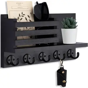 Key Holder for Wall – Decorative Wooden Mail Holder and Key Shelf with Mounting Hardware, Installation Guide – Paulownia Wood with 5 Metal Key Hooks (11.8" x 6.7" x 2.8")