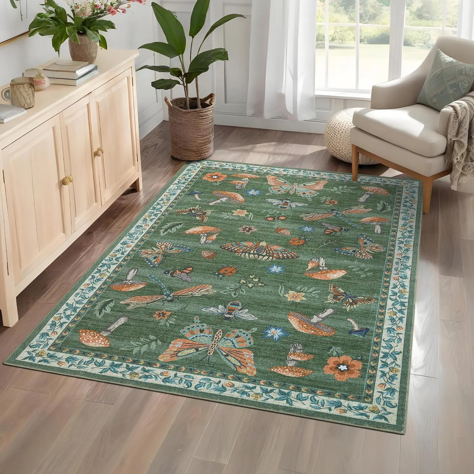 Washable Area Rugs 5x7 Vintage Mushroom Rug for Bedroom Low Pile Soft Non-Slip Throw Mat Modern Insect Print Nursery Carpets for Living Room Office Nursery, Green