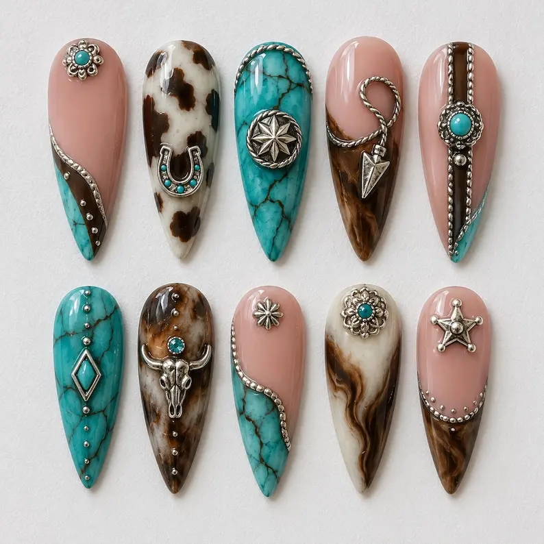 Western Press On Nails 3D Turquoise Cow Print Boho Y2K