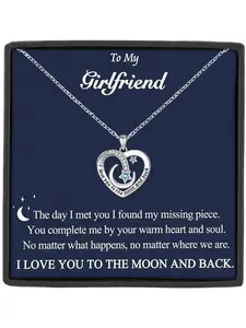 To My Girlfriend Heart Moon Pendant Necklace, Gift Box Included, Jewelry Present, Birthday & Christmas Gifts for Girlfriend, Love Heart Necklace