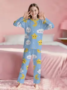 Blue background with clouds, stars and moon, dreamy and cute 2-piece girls' digital printed long-sleeved pajamas with long sleep pants, made of flame-retardant fabric. This stylish, trendy, casual, comfortable and soft pajama set is suitable for sleeping