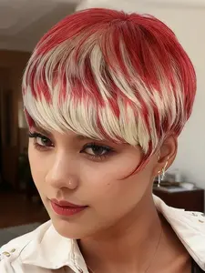 Short Pixie Cut Wig with Burgundy & Blonde Highlights (99j/613) Straight Hair Rose Net for Instant Volume Daily Wear Wig
