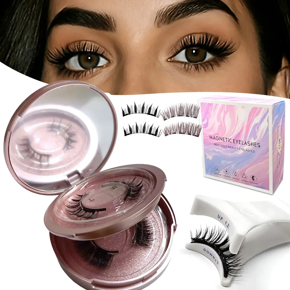 2pcs Reusable Magnetic Cluster Lashes Kit - Gentle Hypoallergenic D Curl Synthetic False Lashes, No Glue, Lightweight Natural Wispy, Nature-Infused, Salon-Quality Applicator Included
