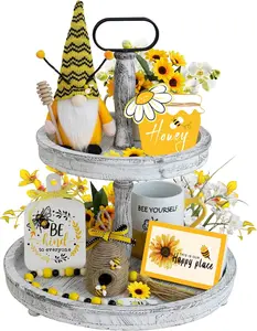 Bumble Bee Tray Decor Set, Gnome Tiered, Farmhouse Decor, Gnome Plush, 3 Signs, Bee Hive, Wood Garland, Rustic Kitchen Decor,Spring Summer Tray Décor, 6PCS