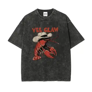 Yee Claw Funny Lobster Graphic T-Shirt - Women's Vintage Acid Wash Summer Tee - Retro Western Cowboy Crawfish Oversized Top