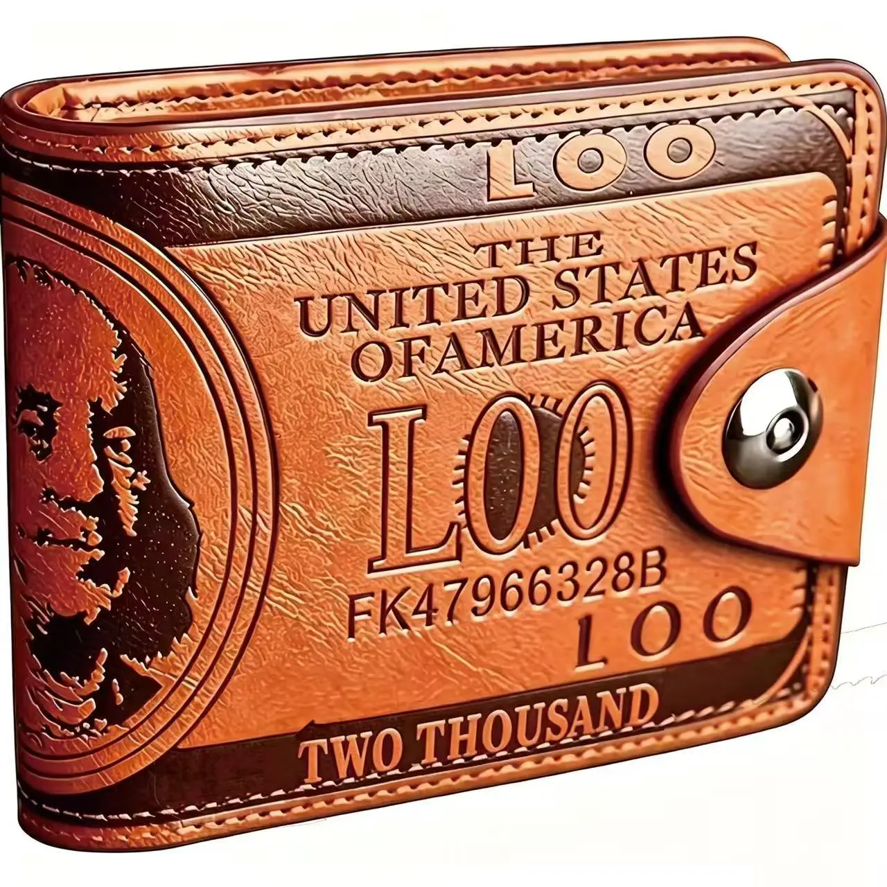 A vintage-style wallet featuring a $100 bill pattern and multiple card slots; a slim, unisex snap-closure coin purse; and a brown vintage-style wallet printed with the portrait of Benjamin Franklin.