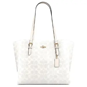 Coach Mollie Logo-Embossed Tote Bag for Women, Coated Canvas and Smooth Leather, Classic Monogram Style, White