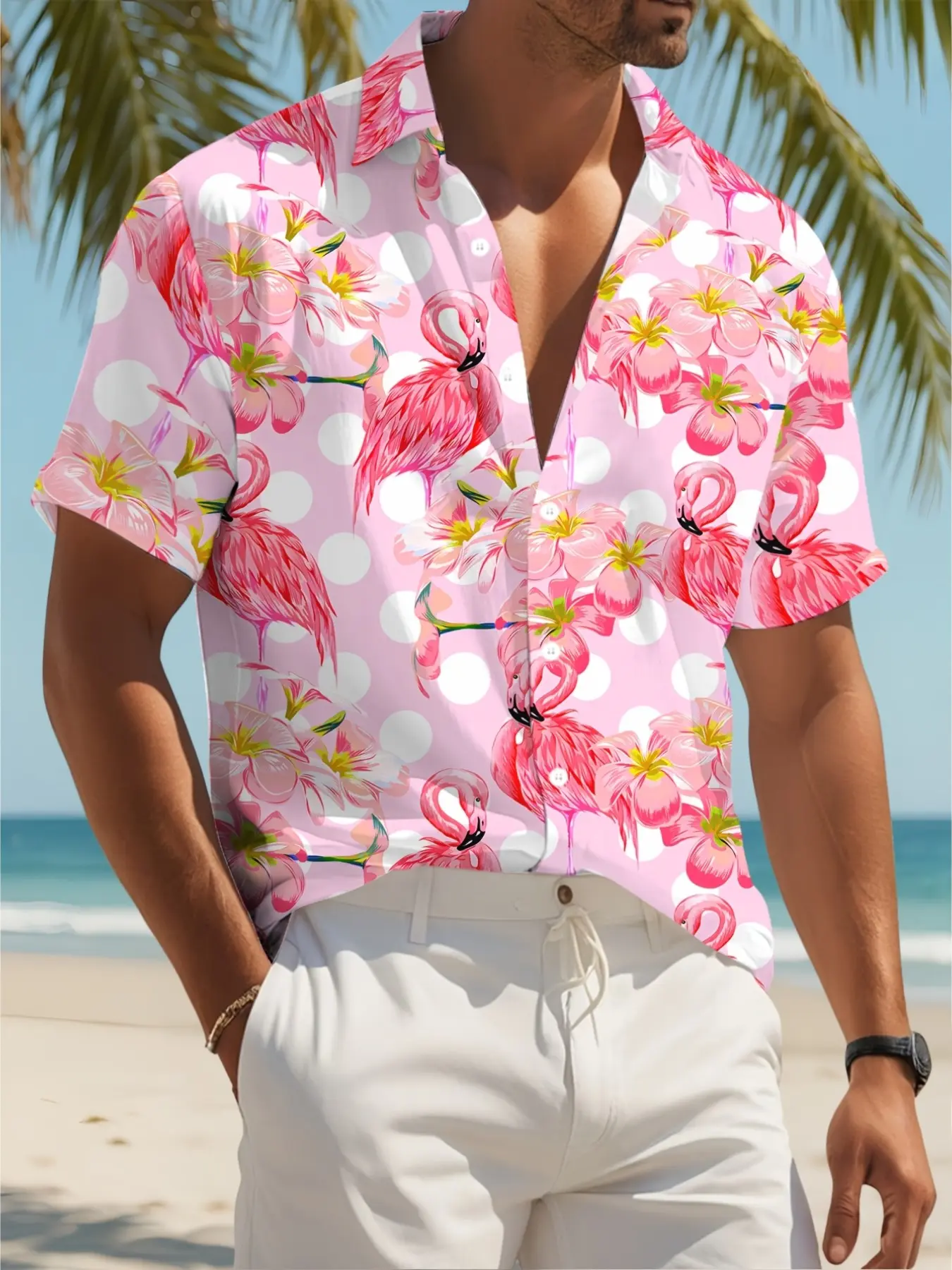 Men's Short Sleeve Casual Printed Shirt, Tropical Island Button-Up, Flamingo Print, Beach Holiday Top, Loose-Fit, All Seasons