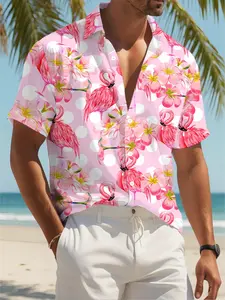 Men's Short Sleeve Casual Shirt, Tropical Island Button-Up, Flamingo Print, Beach Holiday Top, Loose-Fit, All Seasons
