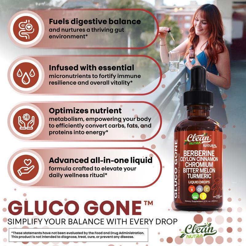 Gluco Gone Organic Ceylon Cinnamon Berberine LiquidDrops Supplement with Bitter Melon Extract GlucomannanGymnema Chromium Turmeric Organic Panax Ginseng