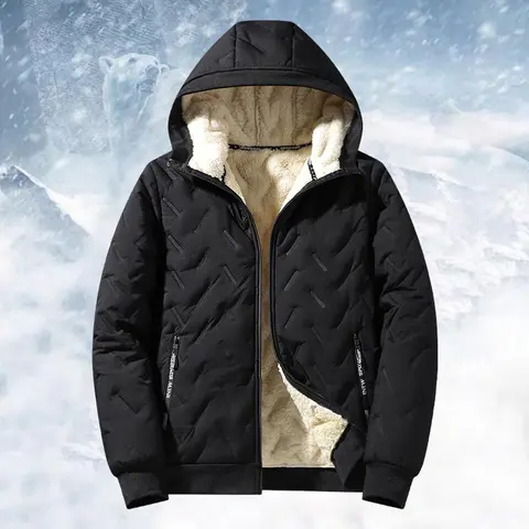 Men's Thick Woven Winter Hooded Jacket - Long Sleeve, Plain, Zipper, Outdoor/Casual, Polyester-Filled, Fleece-Lined, Windproof, Durable, Machine-Washable, Cold-Proof Hood, Expandable, Arctic Ready Fabric, for Daily Commutes & Arctic Trips
