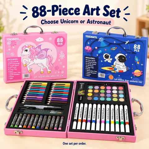 Deluxe 88-Piece Art Set with Carrying Case - Art Materials, Colorful Marker, Craft Kit, Colored Pencils, Acrylic Markers, Oil Pastels, Paints, Unicorn/Astronaut Theme, Drawing & Painting Gift Set for Kids (Gift Ideas for Kids)