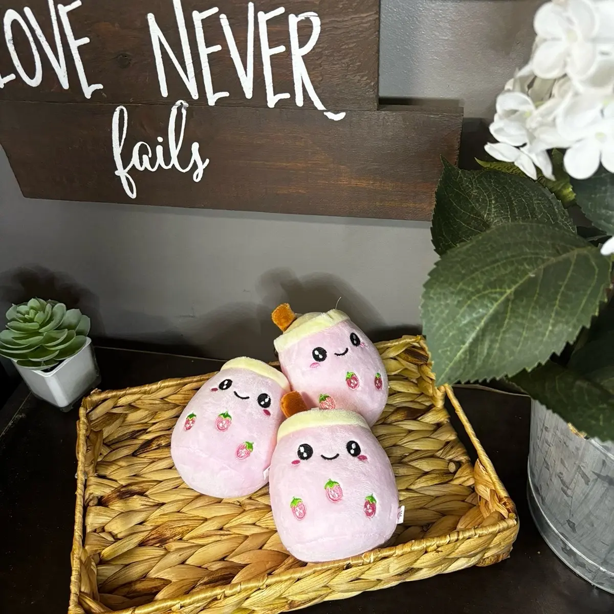 Kawaii Pink Strawberry Boba Plushie Keychain