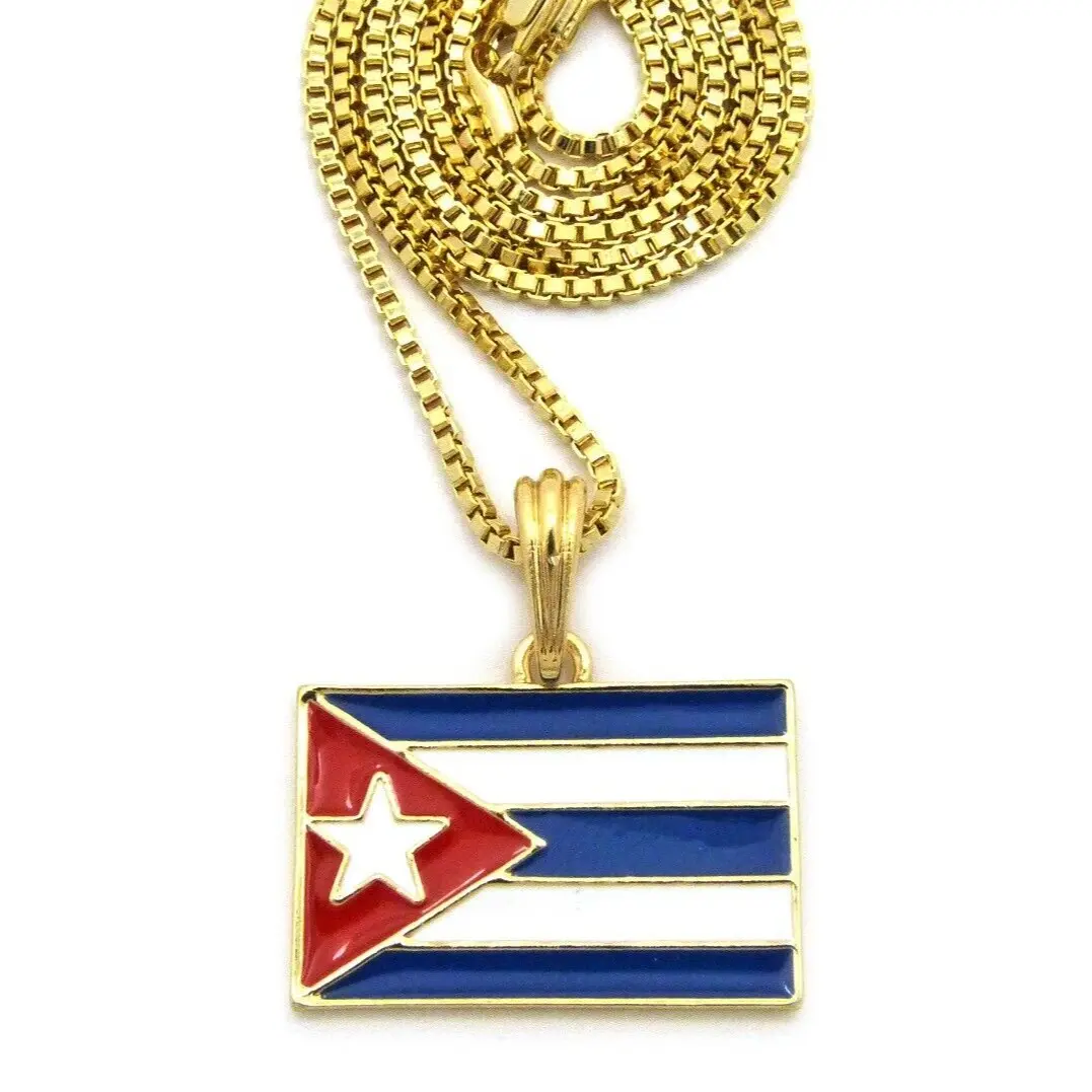 MaxBling81 Gold Plated Cuba Flag Pendant Cuban Link Necklace with 2mm Box Chain, 18"-30" Lengths, Hip-Hop Inspired Unisex Costume Fashion Accessory for Men, Women, Cuban Link Design, Chain Link Necklaces