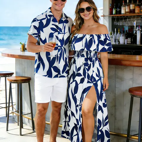 DRESSLILY 2026 Matching Casual Couple Beach Vacation Clothing Set - Women's High-Waist Off-the-Shoulder Sleeveless Tropical Leaf Print Comfortable Breathable Polyester Dress with Slit, Men's Short-Sleeve Button-Up Shirt, US Sizes
