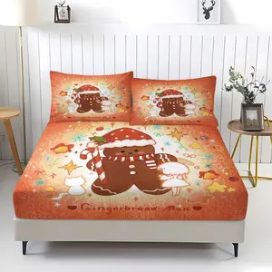 3-piece Christmas Gingerbread Man Patterned Bed Sheet with Comfortable Printed Pattern, Including 1 Bed Sheet and 2 Pillowcases, Comfortable Bedding, Non Slip Dust Cover Suitable for Bedrooms and Guest Rooms, Suitable for Children and Adults As Gifts