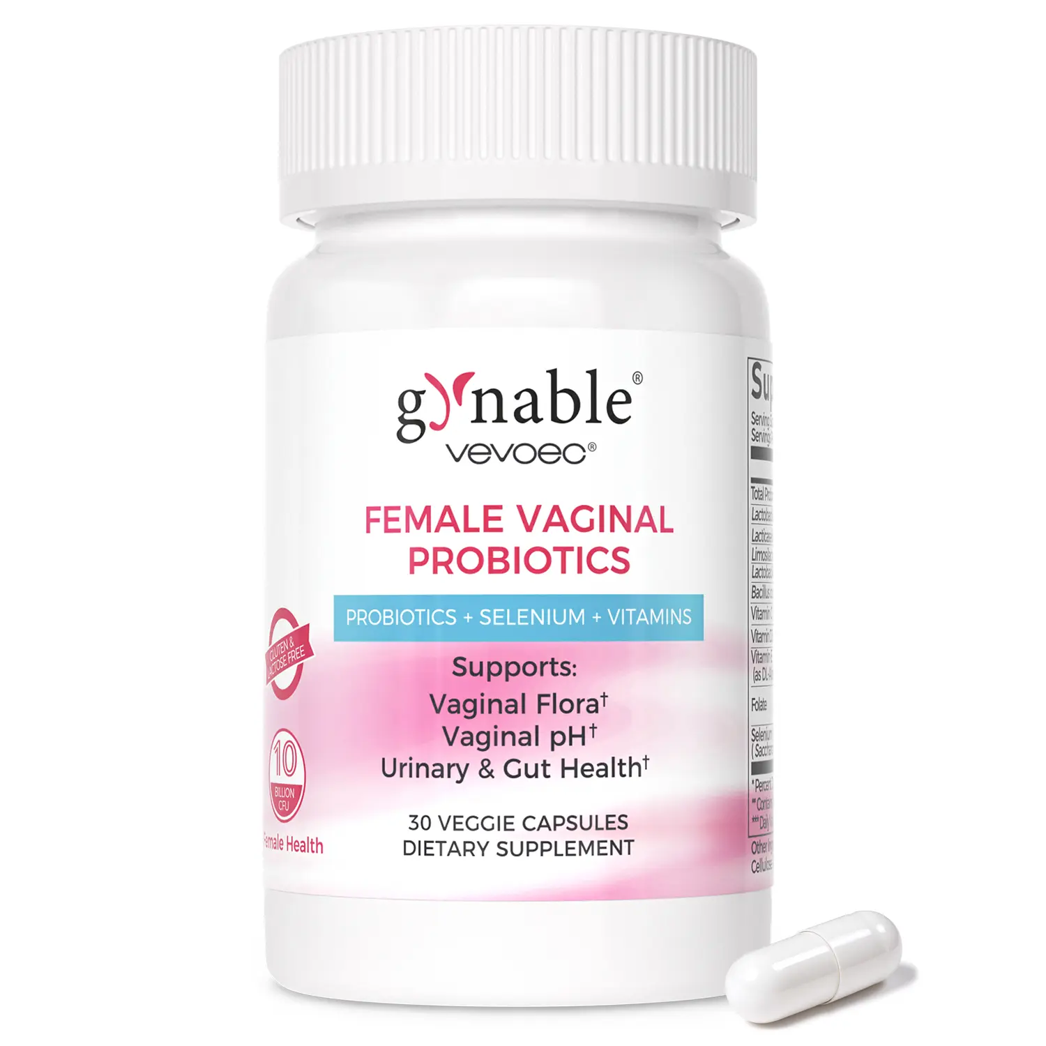 Gynable Women's Probiotics Supplement for HPV, BV, Yeast, pH Balance,Odor Control, Flora Health, Bloating, Urinary & Gut Health, 10 Billion CFU Probiotic with 10-in-1 Lactobacillus Blend, VitaminC, D,E, Folate,Selenium,on-the-go Healthy Probiotics Capsule