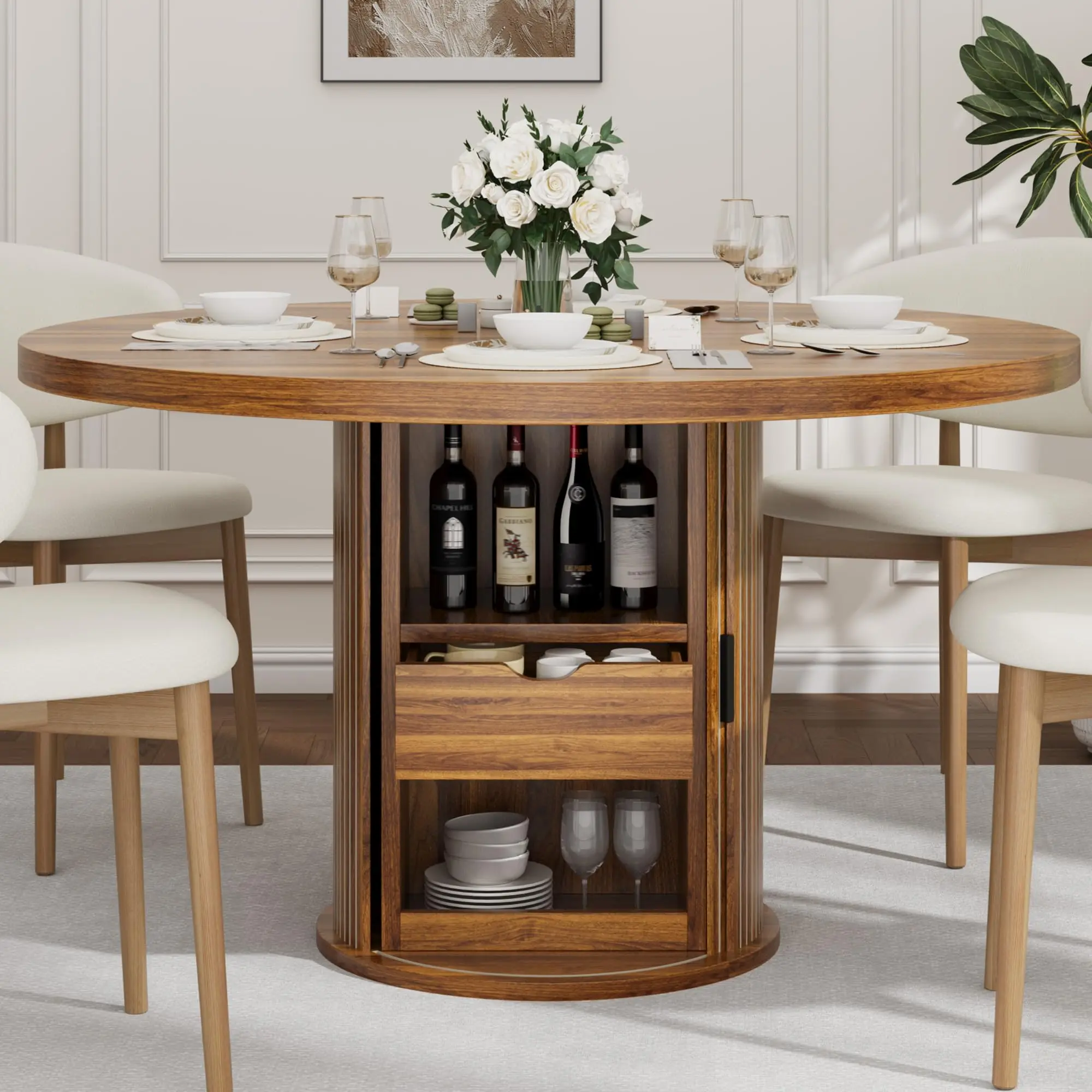 round dining table for 4, farmhouse kitchen table with storage, 47 inch circle dinner table with drawer, dining table only
