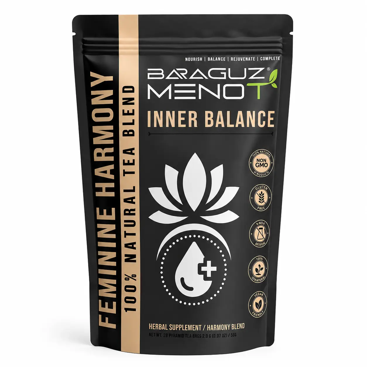 BARAGUZ MENO+ Feminine Harmony Blend is a thoughtfully crafted herbal tea blend designed to support everyday wellness, comfort, and balance as part of your self-care routine. | 30 Tea Bags