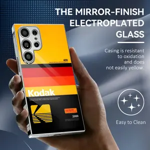 Fashion Brand K-Kodak Phone Case Luxury Electroplated Metal Frame Case for Samsung Galaxy S25 S24 S23 Ultra, Mirror Tempered Glass Back Phone Case, Slim Shockproof Anti-Scratch Protective Cover, Matte Finish with Camera Protection