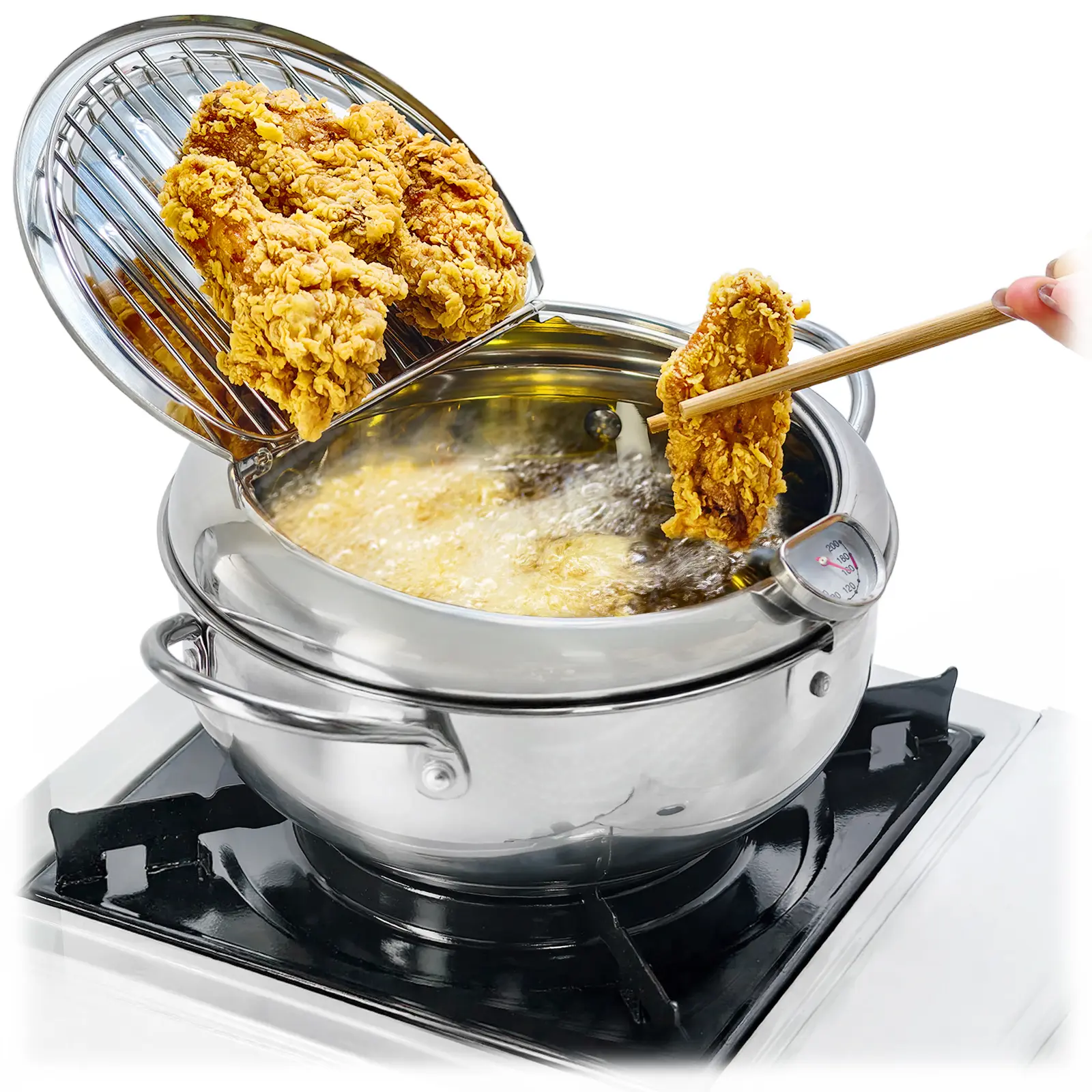 Stainless Steel Deep Frying Pan with Lid and Oil Filter Rack - Gas & Induction Compatible Kitchen Food Cookware, Stainless Steel Pans for Table Cooking