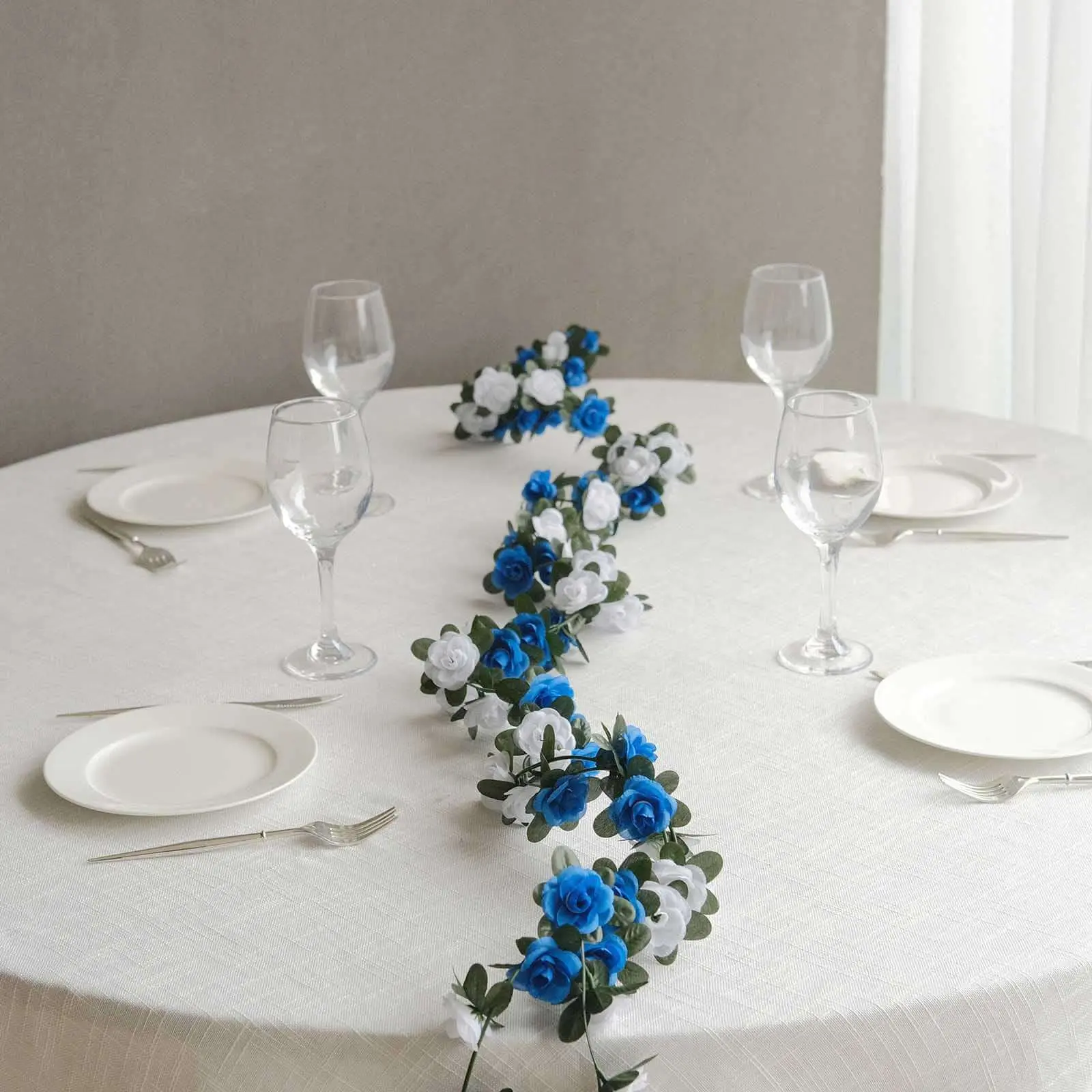 2-Pack Decorative Artificial Silk Mini Rose Vines Hanging Garland (White & Royal Blue) - 45 Heads, 8ft Faux Floral Decor, Wedding Arch Flowers, Hanging Artificial Flowers for Indoor/Outdoor Home Fake Arrangement, Wedding Decor, Two Packs