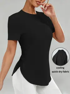 D1268 Summer Outdoor Casual Sport Quick-Dry Short Sleeve Elastic Side Split Fitness Running T-Shirt Sport Top for Women