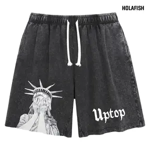 Holafish Women's Acid Wash Statue of Liberty Print High Waist Shorts with Pockets Elastic Drawstring Soft Cotton Joggers Summer Streetwear