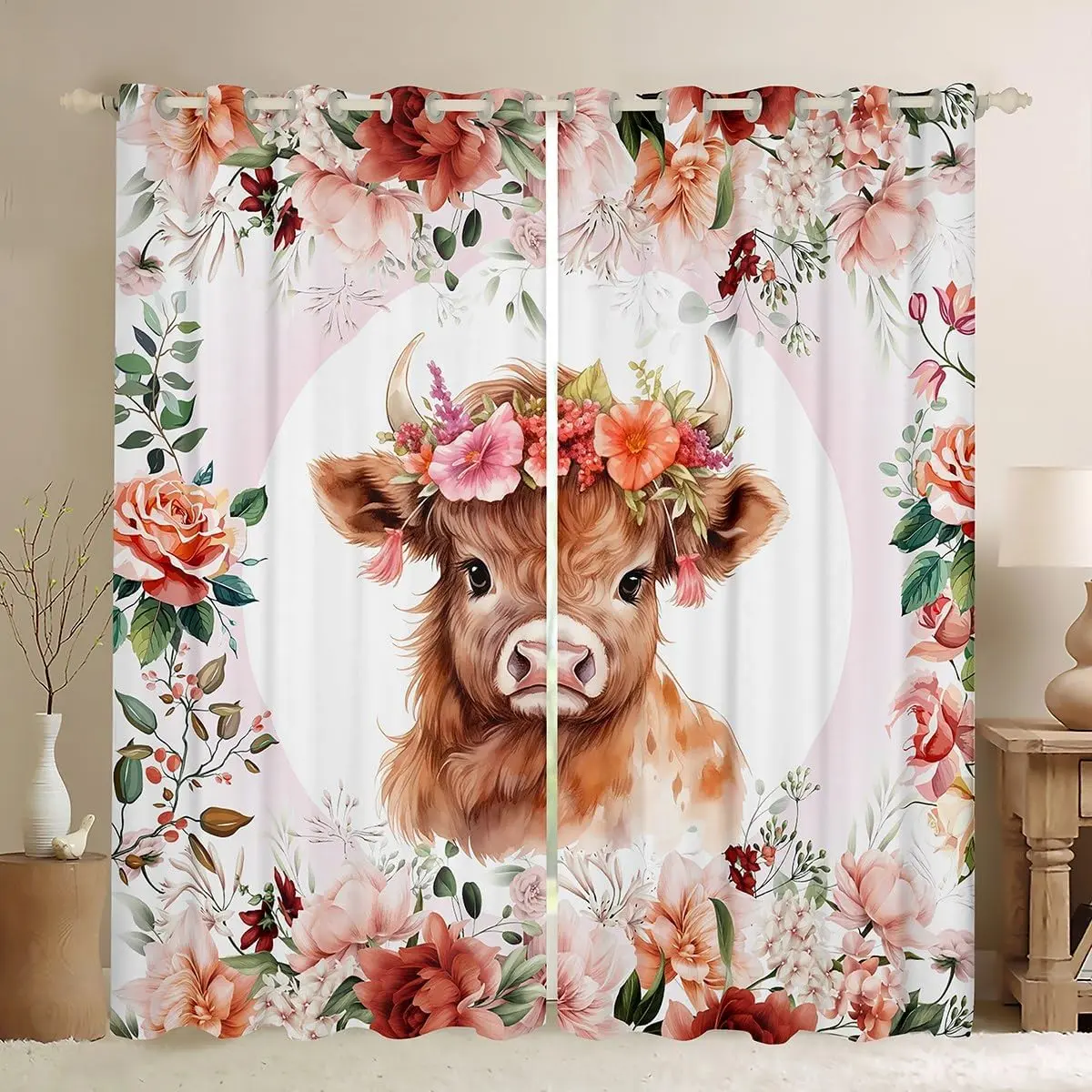 Feelyou Cute Highland Cow Privacy Grommet Velvet Curtains - 30%-50% Blackout Floral Print Animal Decorative Curtains, Child-Friendly Home Textile Darkening Window Treatments for Living Room, Farm Theme Decor, Floral Print Curtains