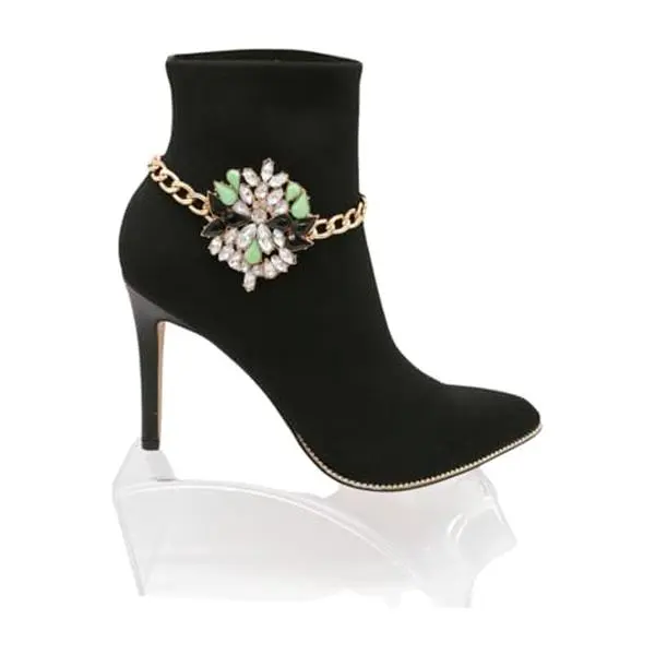 Women Western Fashion Jewelry Gold Metal Boot Chain Bracelet Shoe Anklet Green Flower Charm