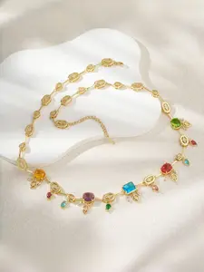 Colorful Multi Gemstone Necklace with Crystal Accents, Boho Style Rainbow Pendant Chain, Stainless Steel, All Seasons
